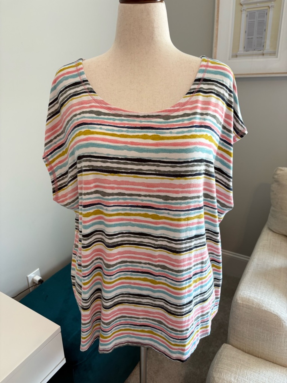 T for Talbots Pastel Striped Scoop Criss Cross Tee Athleisure Stretch Comfort